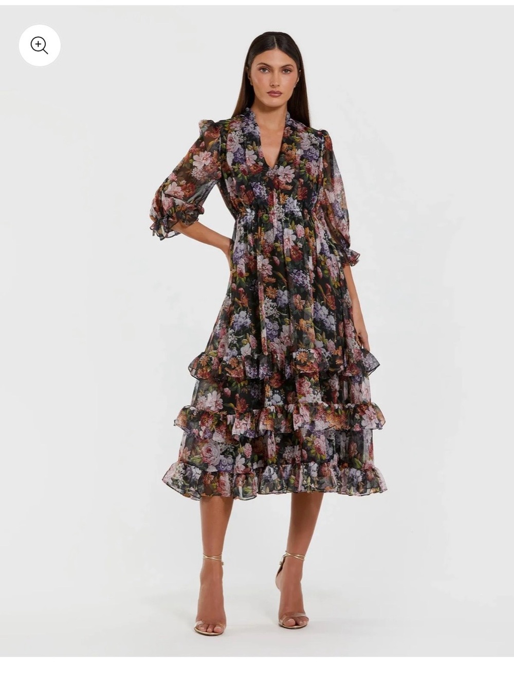 Mac Duggal Black Multi Floral Tiered Ruffle Midi Dress